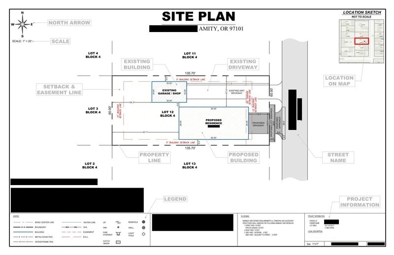 Sample residential site plan with an existing garage and proposed structure with setback lines, address details redacted