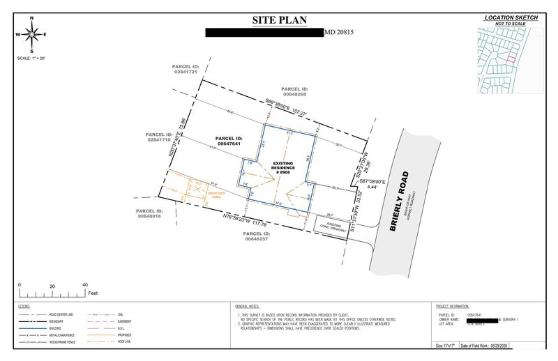 Sample residential site plan showing the existing residence and accessory structures with a metes and bounds boundary, address details redacted