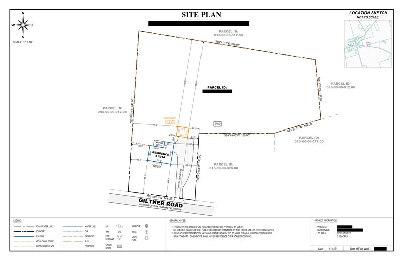 Sample site plan showing a proposed 9 foot high carport beside an existing residence on a rural lot, owner details redacted