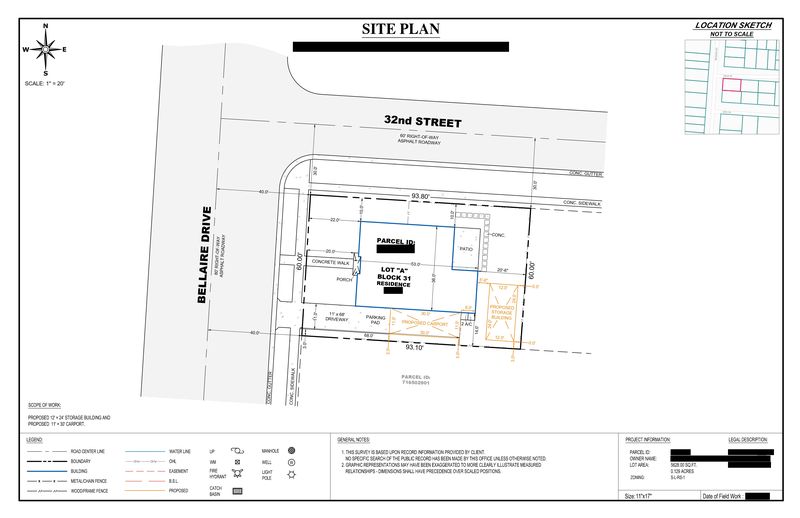 Sample site plan showing a proposed carport and storage building on a corner lot with setback dimensions, owner details redacted