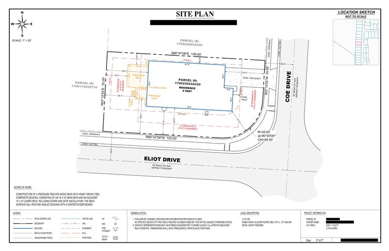 Sample corner lot deck site plan with two street frontages and drainage and utility easements drawn, owner details redacted