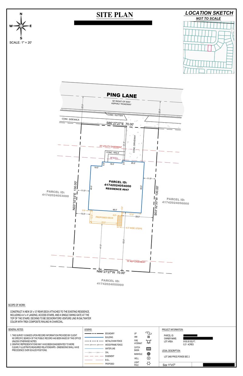 Sample deck site plan showing a proposed 25 by 12 foot rear deck with steps, setback dimensions, and utility easements, owner details redacted