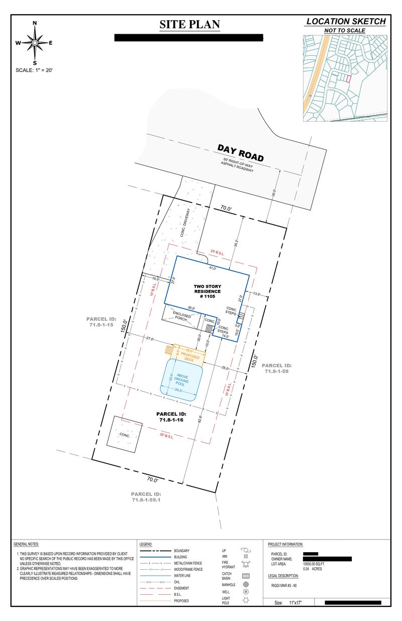 Sample site plan showing a proposed deck and above ground pool with building setback lines, owner details redacted