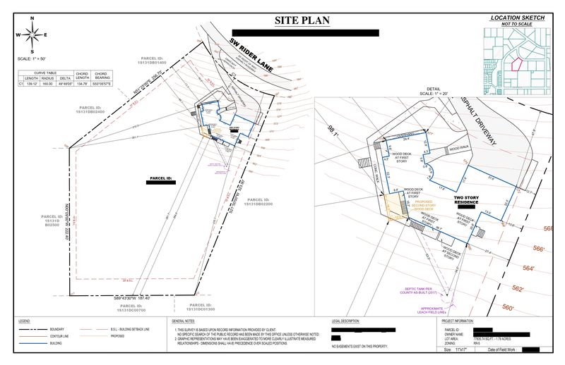 Sample deck site plan showing a proposed second-storey deck on a sloped lot with contour lines, a septic tank and leach field, owner details redacted