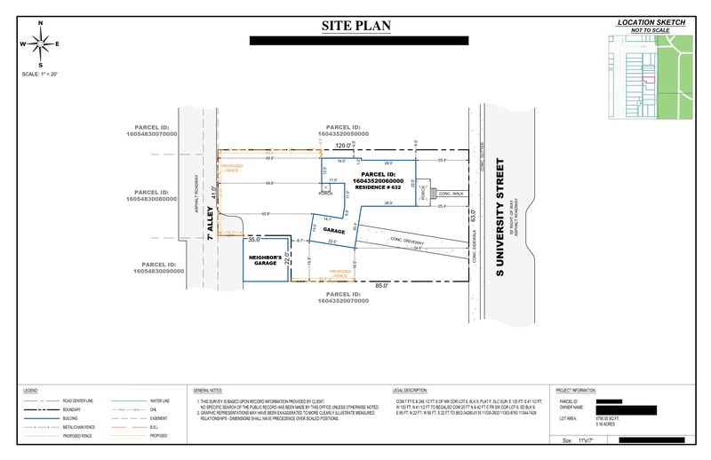 Sample fence site plan on an alley lot with proposed fence runs along the boundary, owner details redacted