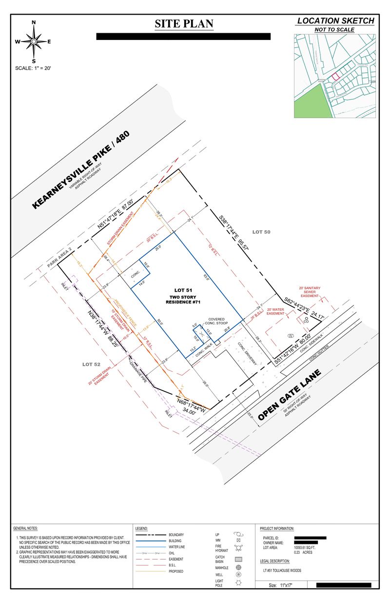 Sample corner lot fence site plan with a proposed 6 foot fence and recorded easements drawn, owner details redacted