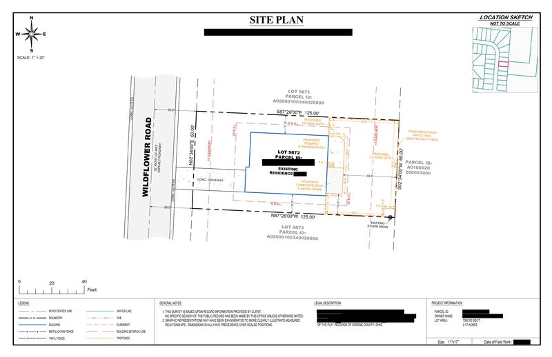 Sample site plan showing a proposed 6 foot vinyl fence, stamped concrete patio and composite deck, with the fence inside a 10 foot easement, owner details redacted