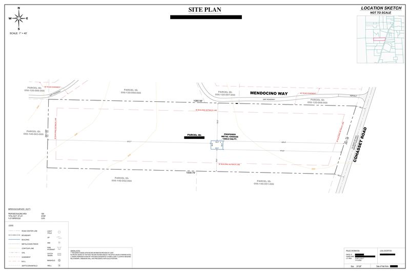 Sample site plan showing a proposed 1260 square foot metal garage on rural acreage with road easements, a well and a septic drainfield, owner details redacted