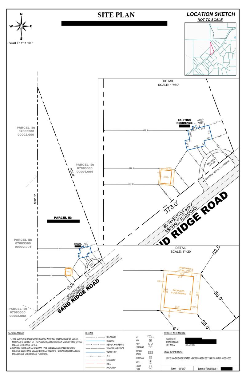 Sample site plan showing a proposed two-car garage and concrete pad on a rural lot with detail insets at larger scales, owner details redacted