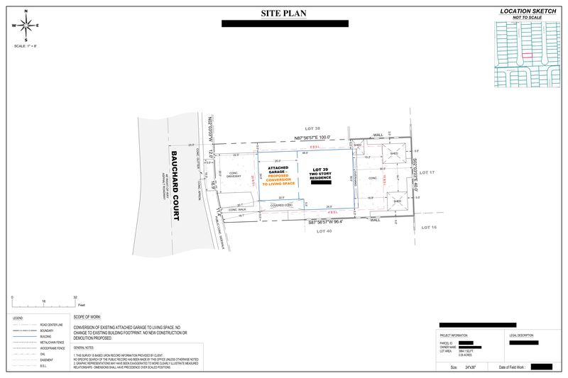 Sample site plan showing an existing attached garage proposed for conversion to living space with no footprint change, owner details redacted