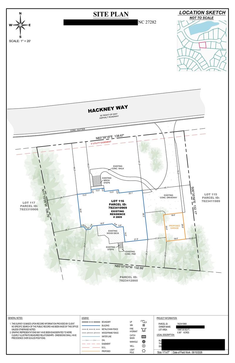 Sample residential site plan with a proposed structure shown beside the existing residence, address details redacted