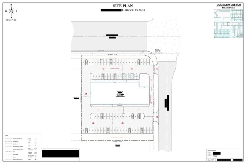 Sample commercial site plan with a building and parking layout, address details redacted