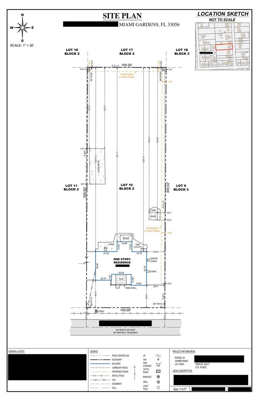 Sample residential site plan with a proposed 6 foot fence drawn along the property lines, address details redacted