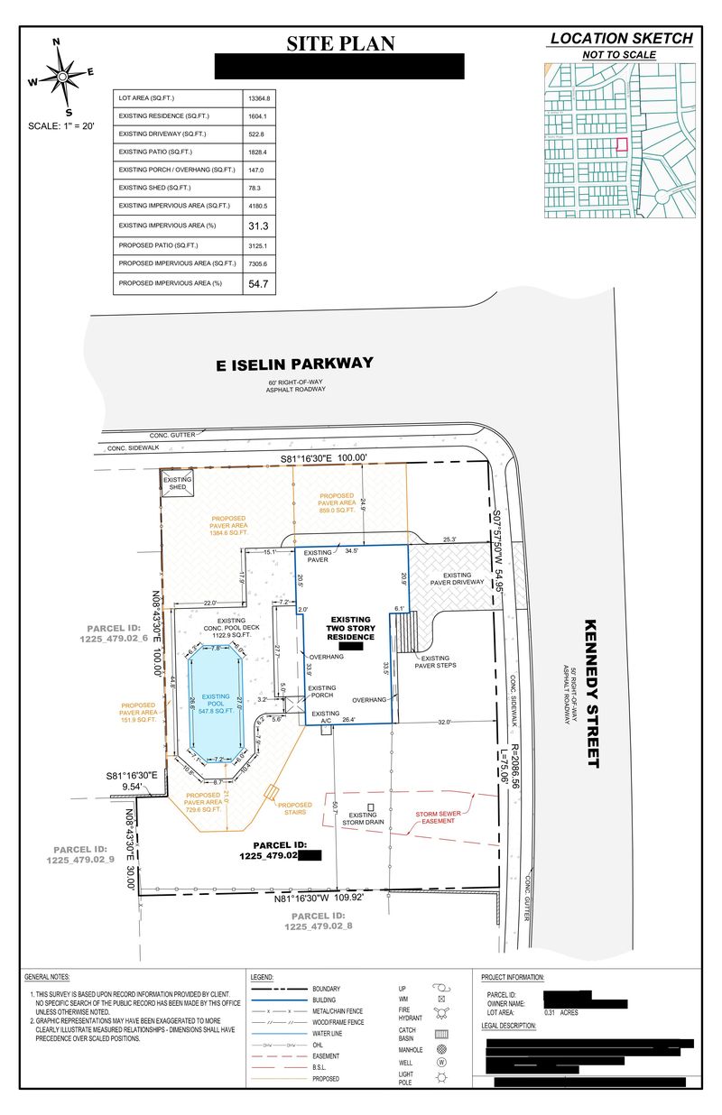 Sample site plan showing proposed paver patio areas around an existing pool with an impervious surface calculation table, owner details redacted