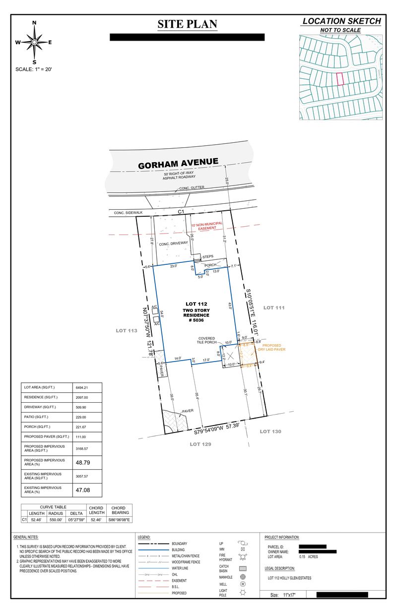 Sample paver patio site plan with an impervious coverage table comparing existing and proposed area, owner details redacted