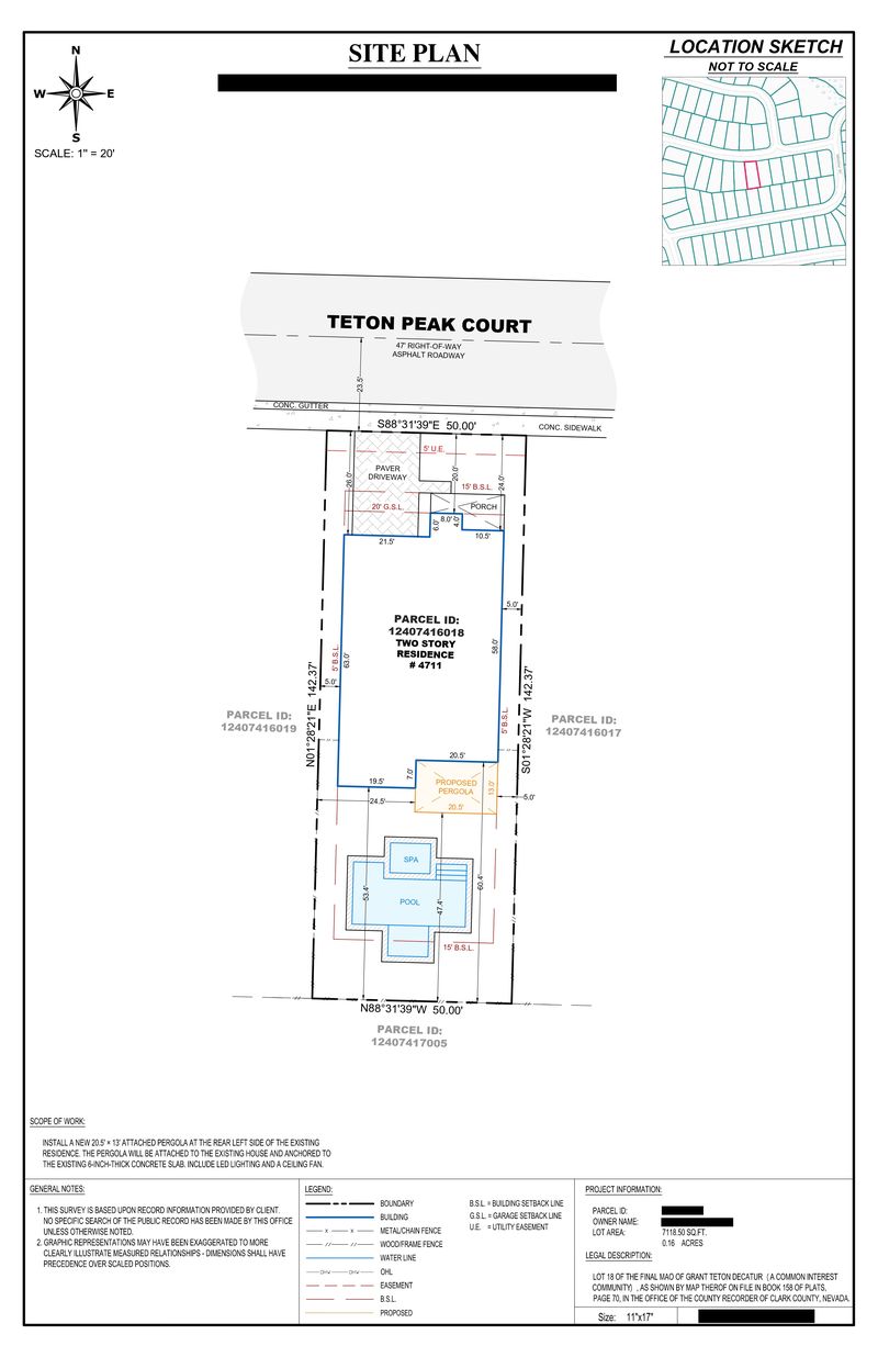 Sample site plan with a proposed attached pergola beside a pool and spa, setback lines labeled, owner details redacted