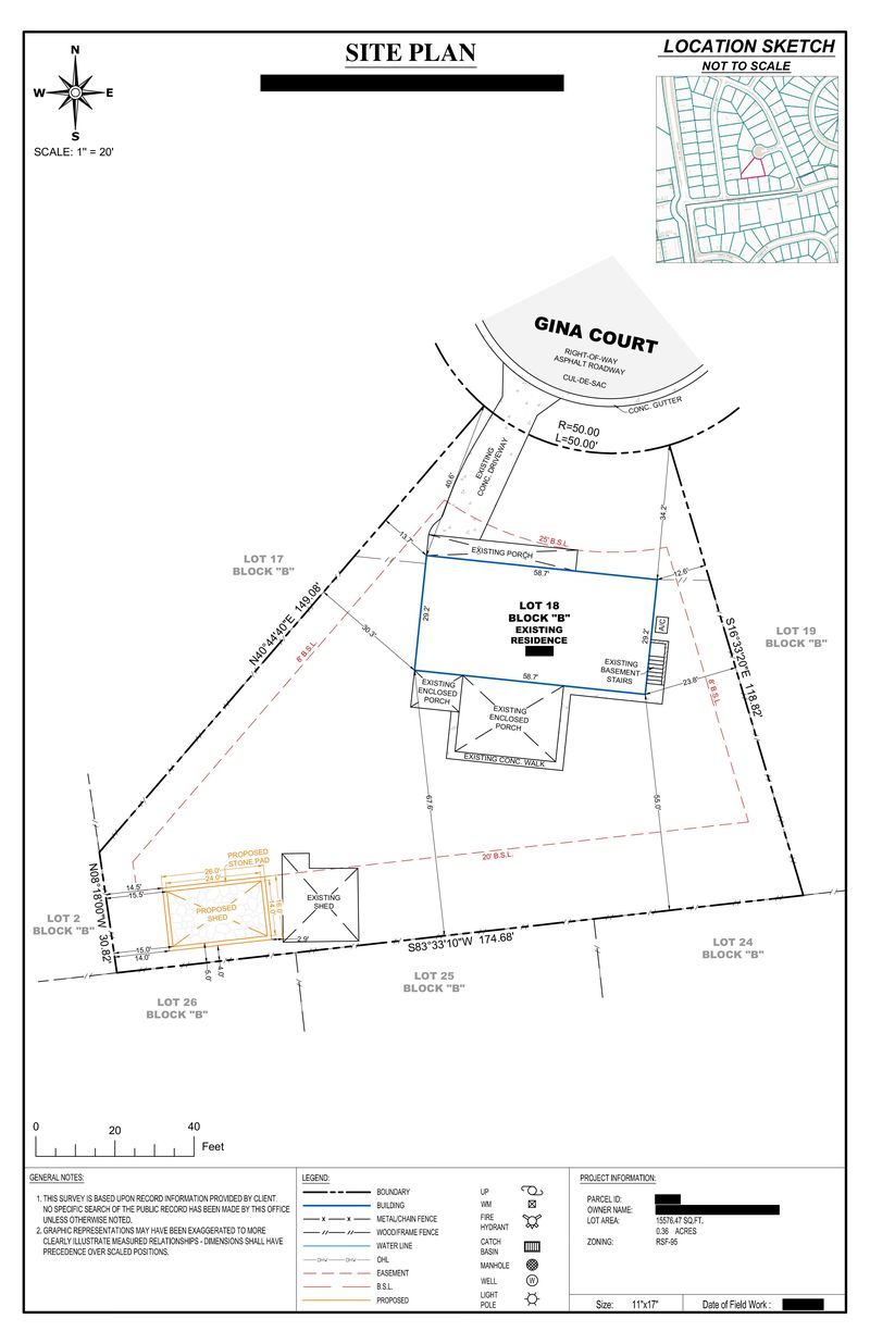 Sample site plan showing a proposed storage shed on a stone pad beside an existing shed on a pie-shaped cul-de-sac lot, owner details redacted
