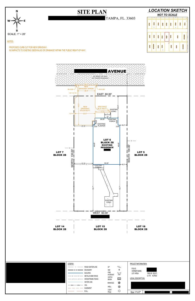 Sample residential site plan with the proposed structure drawn and dimensioned, address details redacted