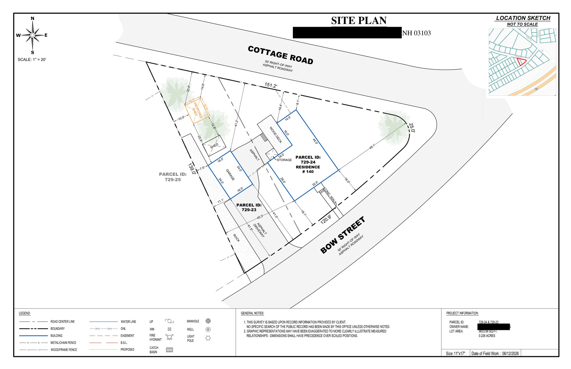 Sample residential site plan with an existing wood deck and a proposed structure, fully dimensioned, address details redacted